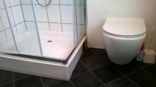 a bathroom with a toilet and a shower at Pasescia Bed and Breakfast. in Kolind