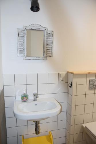 a bathroom with a white sink and a mirror at Apartmány Kojákovice - Třeboň in Jílovice