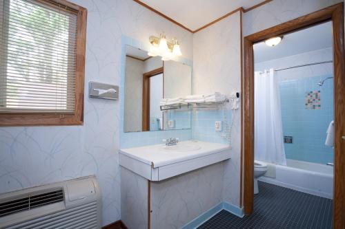 a bathroom with a sink and a toilet and a mirror at Park Motel in Marshfield