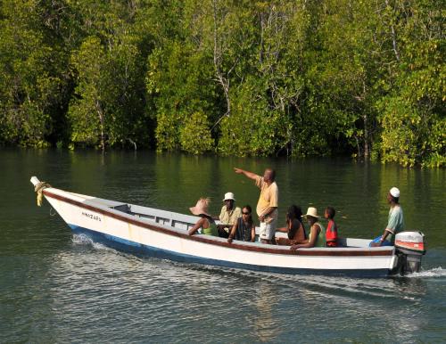 a group of people in a boat on the water at Shimoni Reef Lodge in Shimoni
