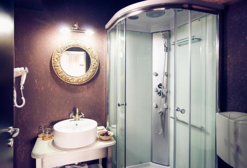 a bathroom with a sink and a shower at Vinalia - Conacul din Ceptura in Ceptura de Jos