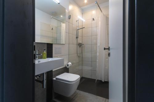 a bathroom with a toilet and a sink and a shower at Selke´s exklusives Ferienhaus in Clausthal-Zellerfeld