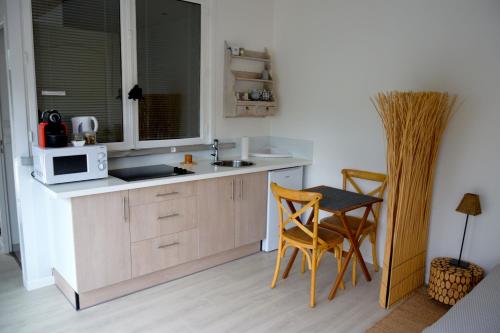 a kitchen with a sink and a table and chairs at La Mazzerinière in Saint-Sylvestre