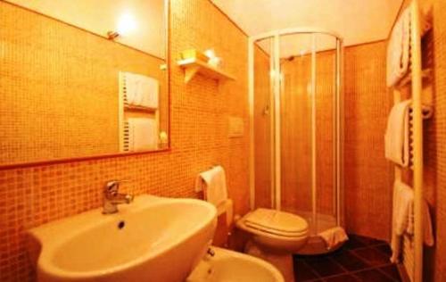uma casa de banho com um lavatório, um WC e um chuveiro em Saturnia Residence em Poggio Murella