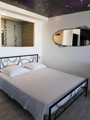 - une chambre avec un lit et un miroir dans l'établissement Studio Naturiste "AZUR" Héliopolis C 64, au Cap d'Agde