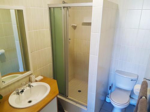 a bathroom with a shower and a toilet and a sink at Dumela Margate Flat No 8 in Margate