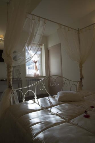 a bedroom with a bed and a window with a cat in the window at La Dolce Casetta in Grottaferrata