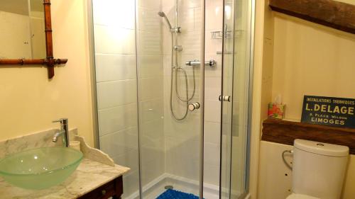 La salle de bains est pourvue d'une douche en verre et d'un lavabo. dans l'établissement Gites Limousin - La Vienne, à Videix
