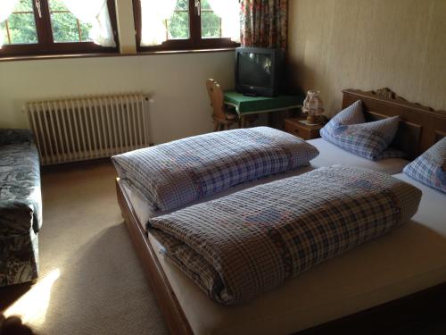 a bedroom with two beds and a tv in it at Café - Pension Bernreutehof in Vöhrenbach