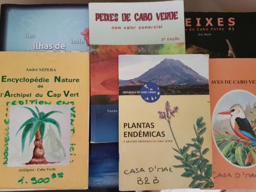 a pile of books sitting on a table at Casa D'Mar in Ponta do Sol