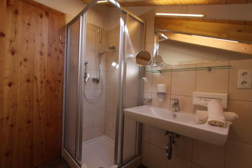 y baño con ducha, lavamanos y ducha. en Pension Waldesruh, en Sölden