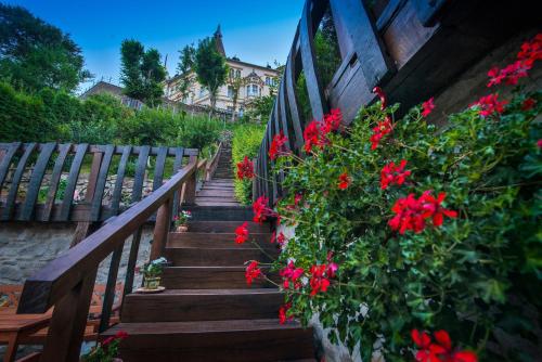 a stairway with red flowers and a wooden fence at Casa Savri in Sighişoara