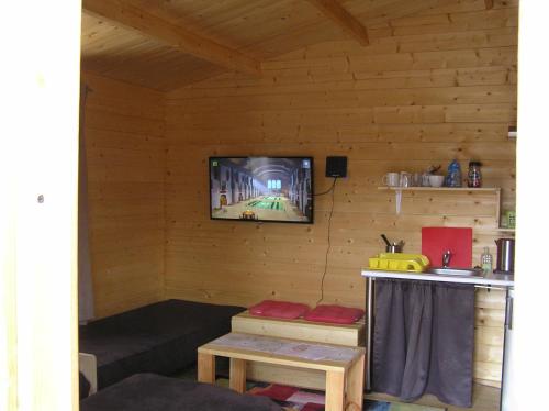 pokój z telewizorem w drewnianym domku w obiekcie Wymój Park w mieście Stawiguda