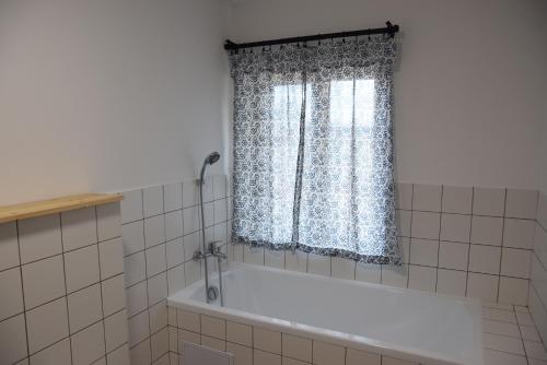 a bathroom with a bath tub and a window at Apartmány Kojákovice - Třeboň in Jílovice