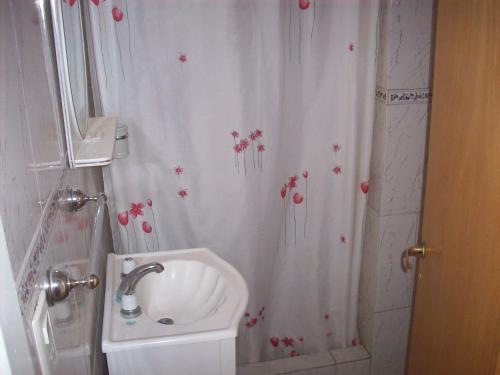 a bathroom with a sink and a shower curtain with flowers at Estilo de Vida in Capilla del Monte