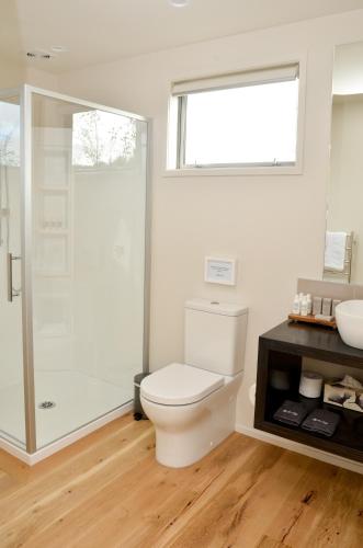 a white bathroom with a toilet and a shower at Aviator in New Plymouth