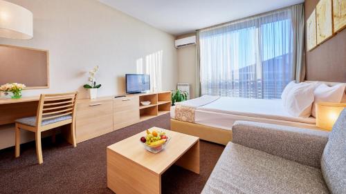 a hotel room with a bed and a couch and a tv at Lucky Bansko Aparthotel SPA & Relax in Bansko