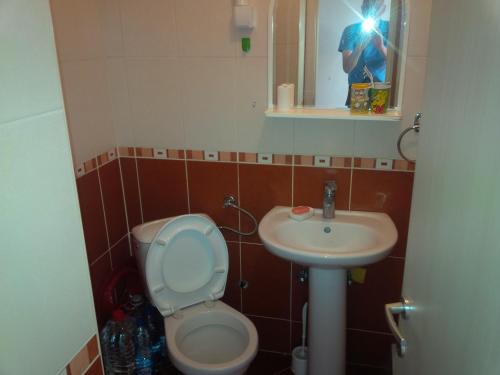 eine Person, die ein Bild von einem Bad mit WC und Waschbecken macht in der Unterkunft Studio Pinos in Sokobanja