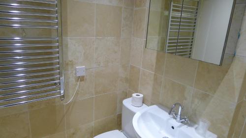 a bathroom with a toilet and a sink and a mirror at Regents Street Studios in Leamington Spa