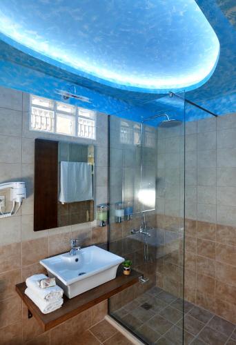 a bathroom with a sink and a glass shower at Villa Feronia in Hersonissos