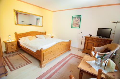a bedroom with a bed and a television and a table at Ferienapartments Schnibbe in Bad Lauterberg
