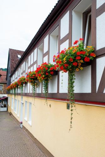 a building with flower boxes on the side of it at Ferienapartments Schnibbe in Bad Lauterberg