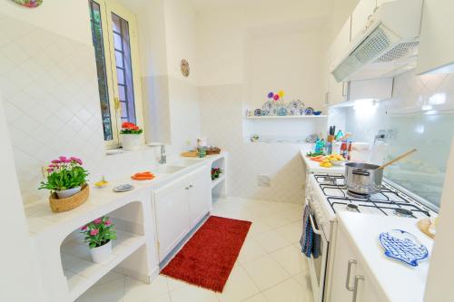 a white kitchen with a sink and a stove at Frascati Country House in Grottaferrata