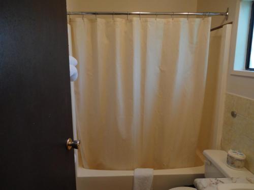 a bathroom with a shower curtain and a toilet at Spanish Fiesta Resort in Osoyoos