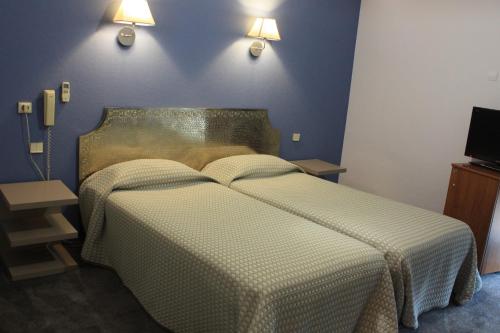 a bedroom with a bed and a tv in it at Hôtel restaurant LOGIS HOTELLERIE DE BALAJAN in Vic-la-Gardiole