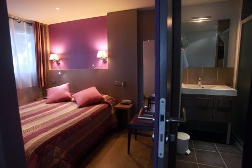 a hotel room with a bed and a sink at Hôtel restaurant LOGIS HOTELLERIE DE BALAJAN in Vic-la-Gardiole