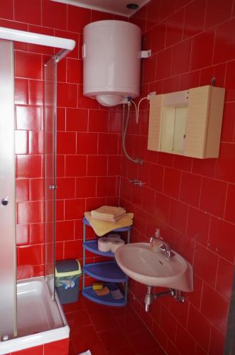 a red tiled bathroom with a sink and a shower at Apartment Lukovo - Puskaric in Lukovo