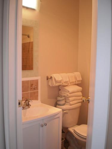 a bathroom with a toilet and a sink with towels at Almo Court Motel in Cranbrook