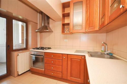een keuken met houten kasten en een wastafel bij dream residence zepter in Boekarest