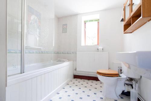 a bathroom with a toilet and a tub and a sink at Old Sheepcote in Broadway