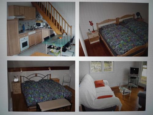 vier foto's van een slaapkamer en een keuken met een bed bij Lieux-au-lac in Augignac