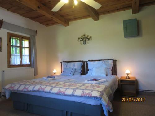Un dormitorio con una cama grande con dos mesitas de noche. en Molnárporta, en Szentgyörgyvölgy