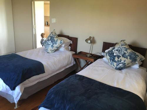 a bedroom with two beds with blue and white pillows at Bridal Drift Cottage in Colenso