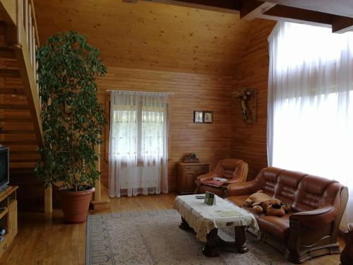 een woonkamer met een bank en een tafel bij Зруб in Skhidnitsa