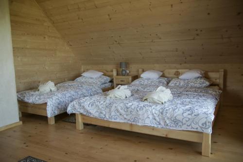 two beds in a room with wooden walls at Domek pod Limbami in Kluszkowce