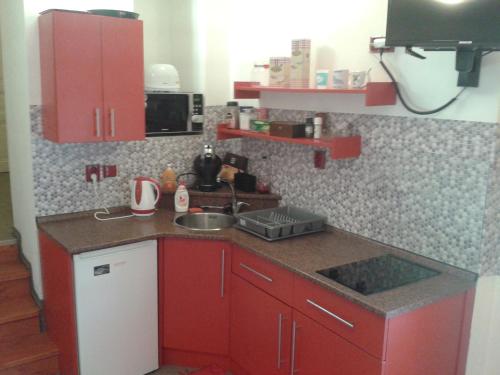eine kleine Küche mit roten Schränken und einem Waschbecken in der Unterkunft Apartman Lidicka in Marienbad