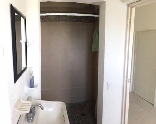 a bathroom with a sink and a shower at Hostal Bucerias in Bucerías