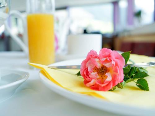 a pink flower on a plate with a glass of orange juice at Pension Apartment Erna in Resia