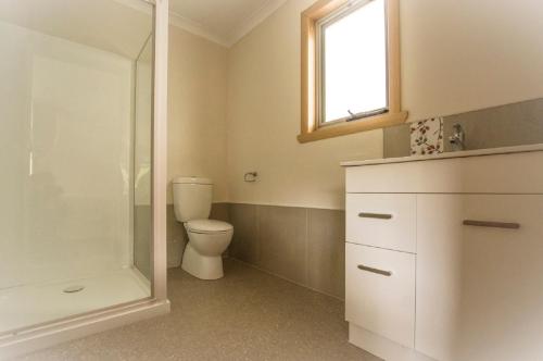 ein Bad mit einem WC, einer Dusche und einem Fenster in der Unterkunft Sunny Gum in Penguin