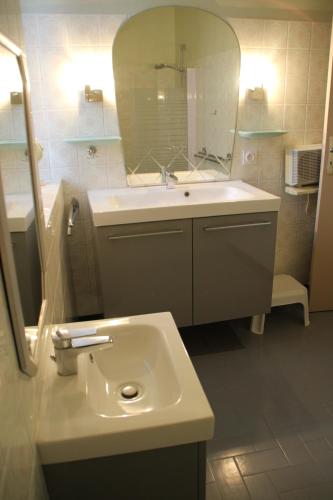 a bathroom with a sink and a mirror at La Maison du Soleil in Saint-Gaudéric