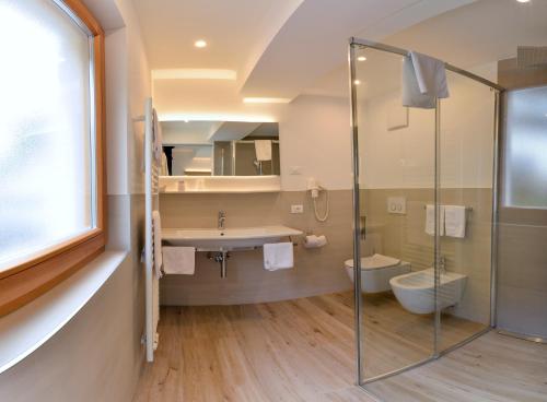 a bathroom with a shower and a sink and a toilet at Hotel Silvana in Selva di Val Gardena