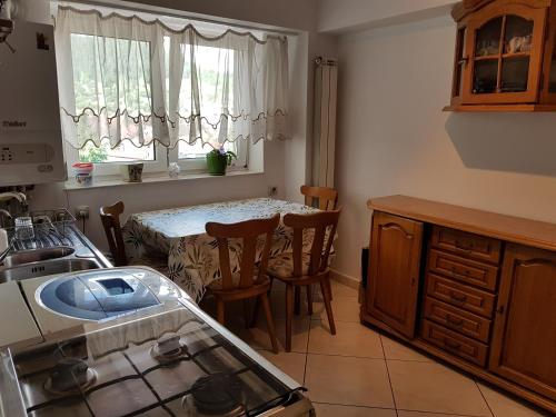 a kitchen with a table and a table and a window at Ultracentral Bucovina in Gura Humorului