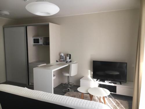 een woonkamer met een bank en een televisie bij Pärnu Apartment in Pärnu