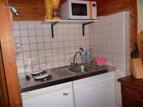 a small kitchen with a sink and a microwave at Las Aires in Casteil