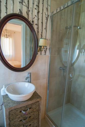 a bathroom with a sink and a shower with a mirror at El Jardin de Manuela in Santibáñez del Val