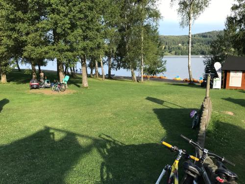 a bike parked on the grass next to a lake at Apartmány Pinie Lipno in Lipno nad Vltavou